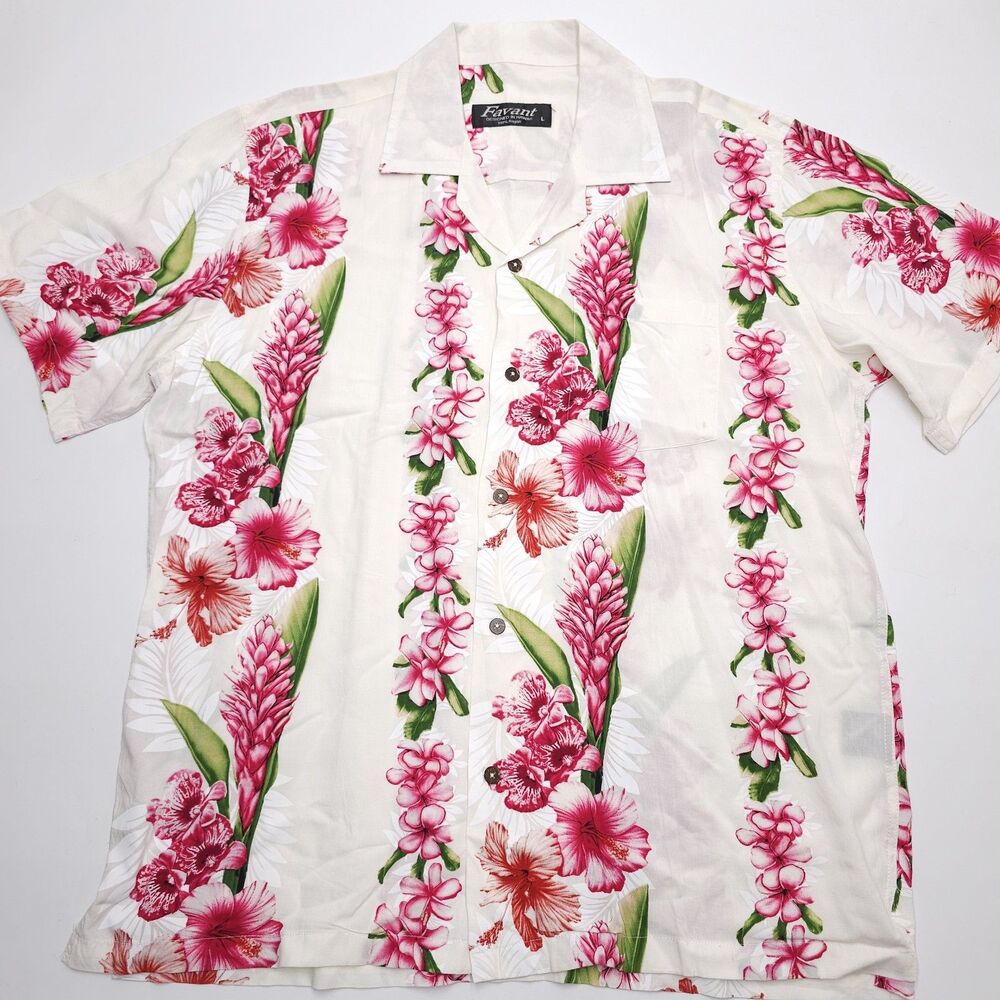 Vintage Favant Hawaiian Shirt Mens Large White Pink Short Sleeve Button Up